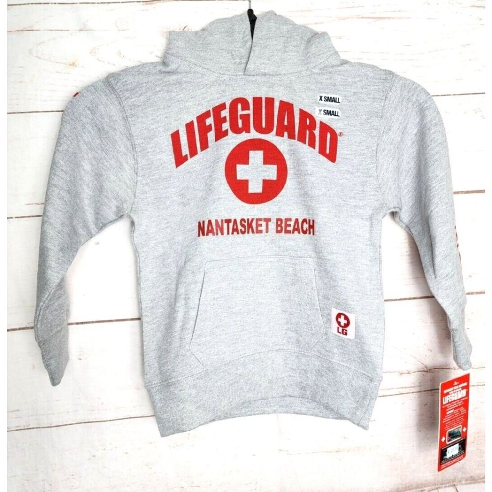 Kids XS Lifeguard Hoodie – Silver & Red Nantasket Beach Embroidered Sweatshirt